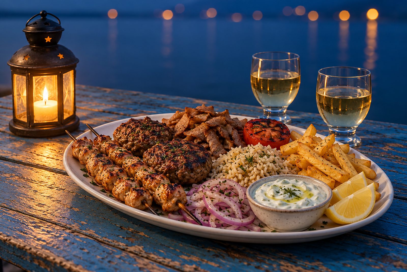 Grillplatte für zwei mit Souvlaki, Bifteki, Gyros und Tzatziki zur Blauen Stunde am Wasser (Illustration)
