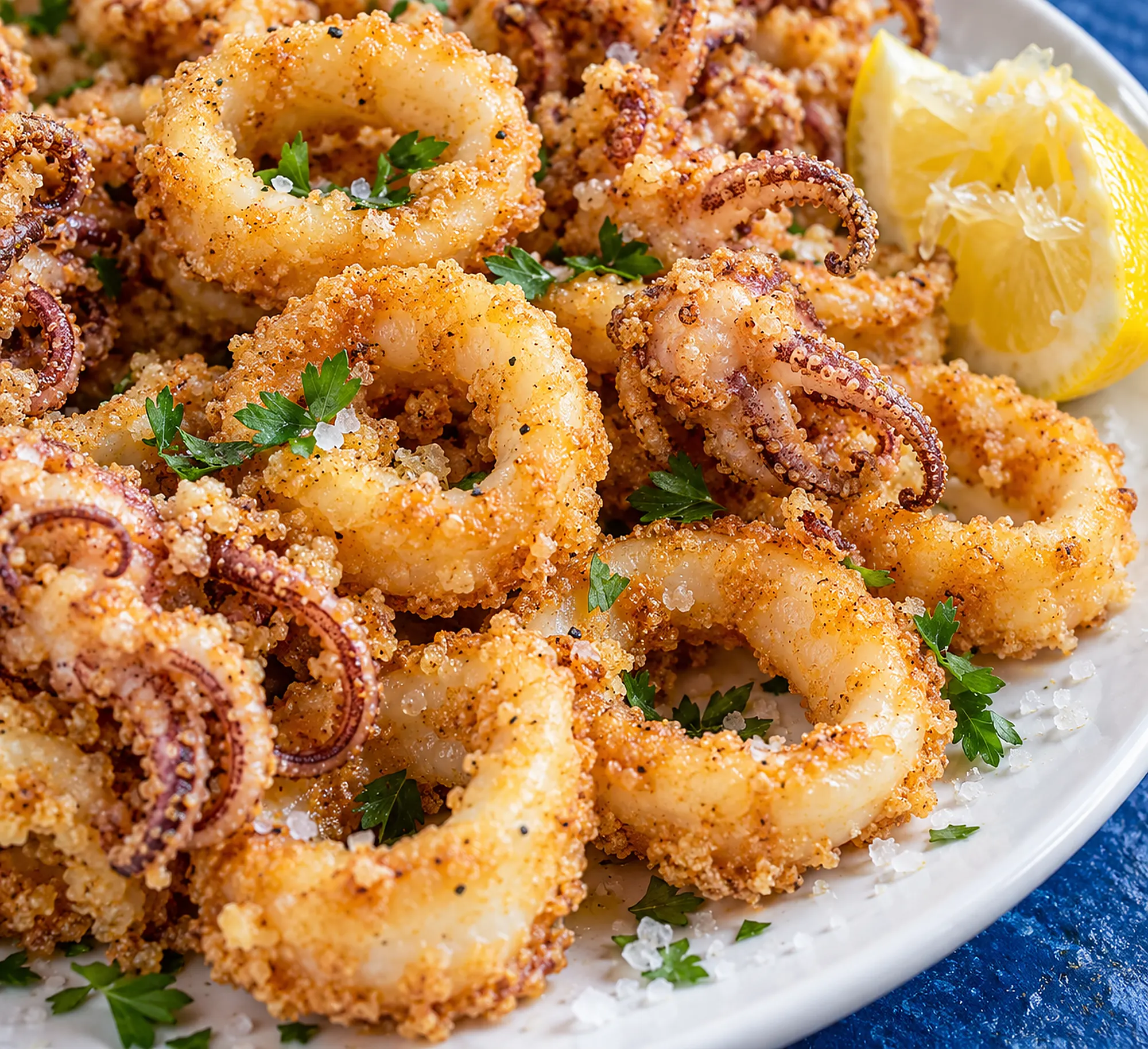 Frittierte Baby Calamari mit Zitrone und Meersalz in Nahaufnahme (Illustration)