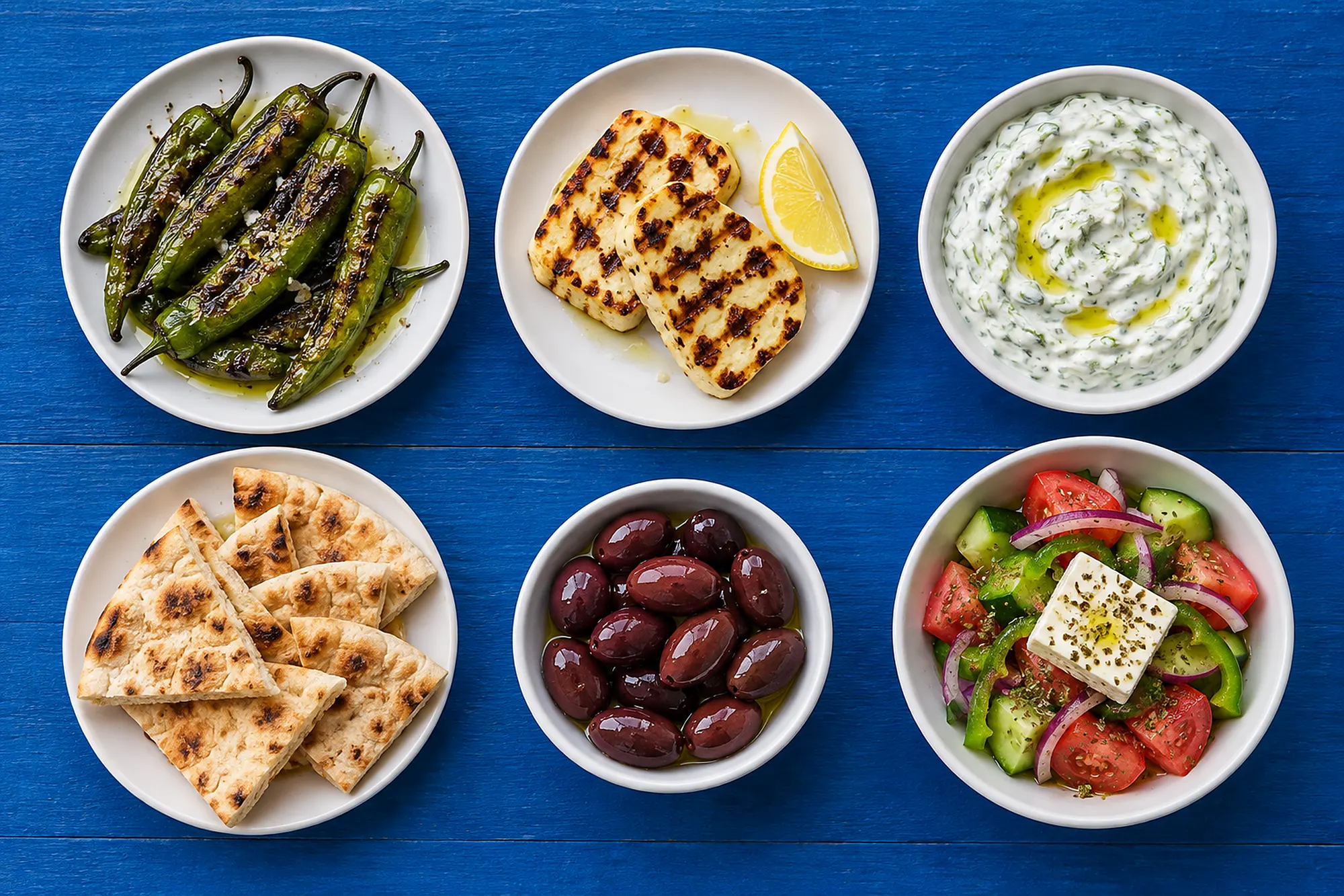 Vorspeisen von oben auf blauem Holz: gegrillte Peperoni, Haloumi, Tzatziki, Pita, Oliven, Bauernsalat (Illustration)